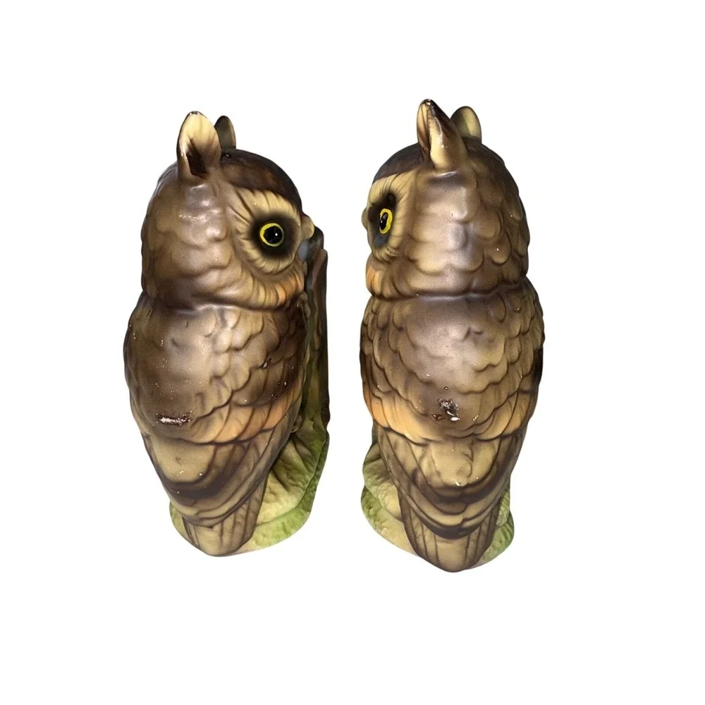 Vtg MCM Ceramic Owl Book Ends Mid Century Modern Brown Woodland Bird Decor Pair